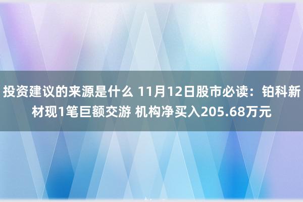 投资建议的来源是什么 11月12日股市必读：铂科新材现1笔巨额交游 机构净买入205.68万元